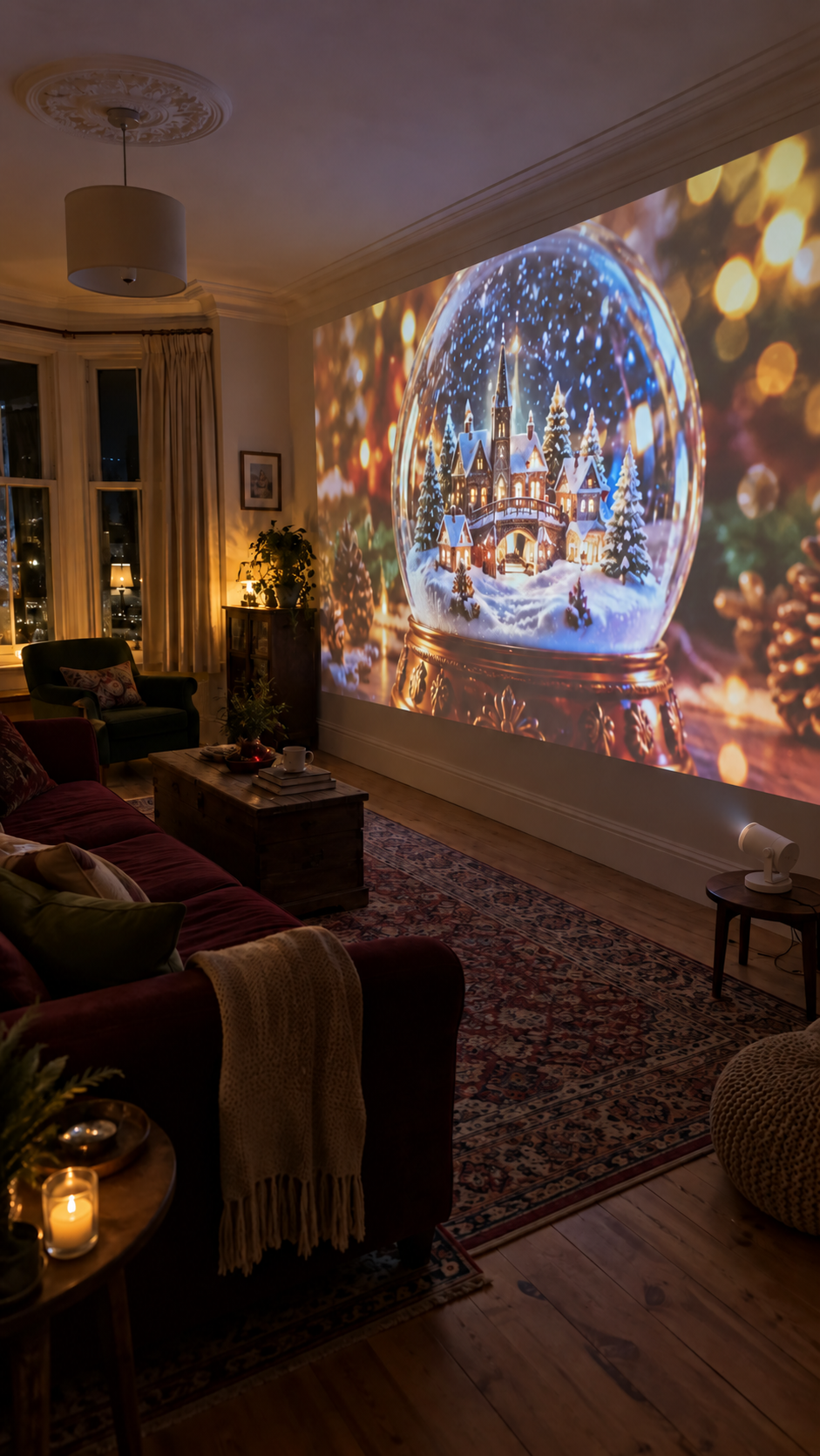 Illustrative snow globe projection in a living room