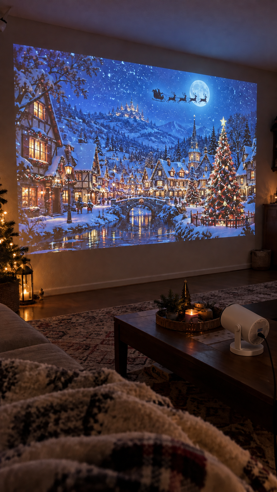 Illustrative snowy Christmas village projection in a cozy living room