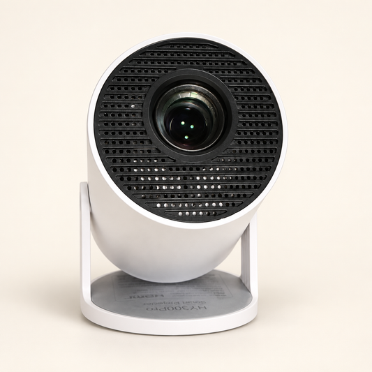 NoelGlow projector front view with black ventilation grille, lens and adjustable white stand